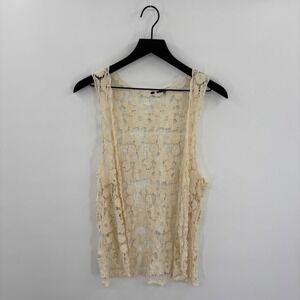 Womens Cream Floral Crochet Lace Vest Sleeveless Open Front Boho Cardigan Y2K